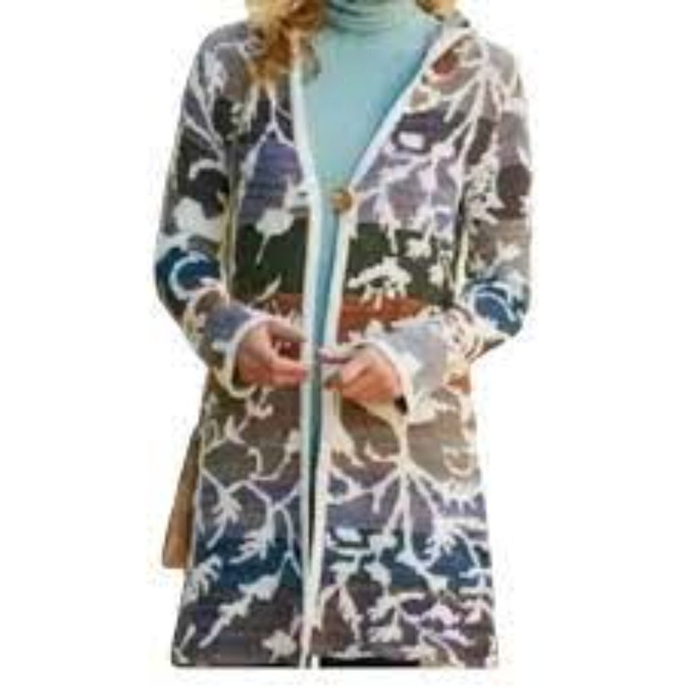 ✅ Soft Surroundings Women's Loveland Jacquard Sweater Coat Sz XS Hooded Floral